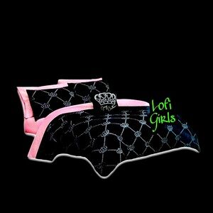 Juicy Couture Gothic Crown Argyle Black Silver Crown Pink Jacquard 8 pc Bed Set